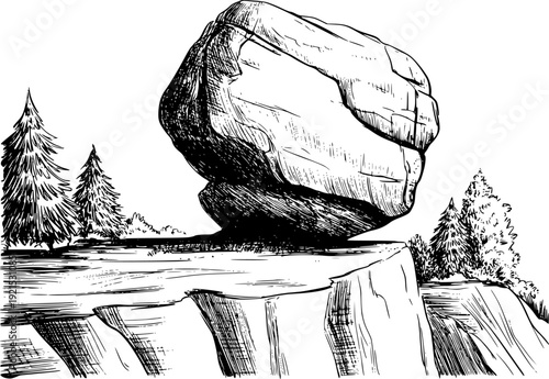 Imposing boulder precariously balanced cliff edge with pine trees and rocky terrain