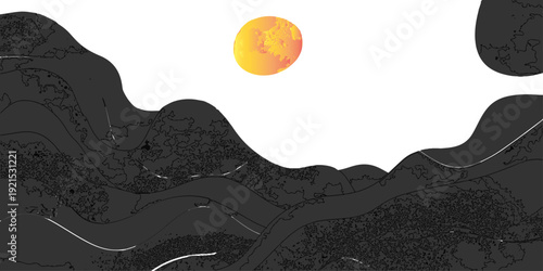 A spooky vector illustration of a scary Halloween house nestled between dark mountains and jagged hills under a sunset sky with eerie clouds and silhouettes of ancient trees