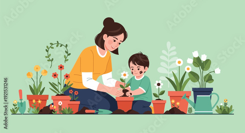 Mother and young son planting flowers in garden pots outdoors