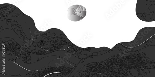 A serene night landscape featuring the moon and clouds over a blue sea and snow capped mountains under a vast space filled with fog and nature