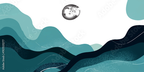 Vector illustration of a cartoon man running through blue ocean waves in a summer sea landscape with a sunny sky and distant mountains