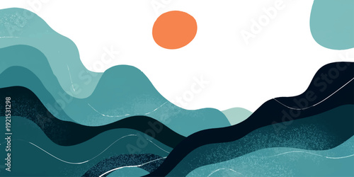 Abstract vector illustration of a blue ocean wave background featuring a stylized summer sea landscape with a golden sun and distant nature mountain textures