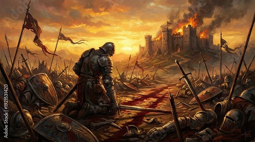 Epic fantasy battle scene with castle sunset and chivalry art concept. A dramatic battle scene with a knight amidst a fiery landscape.