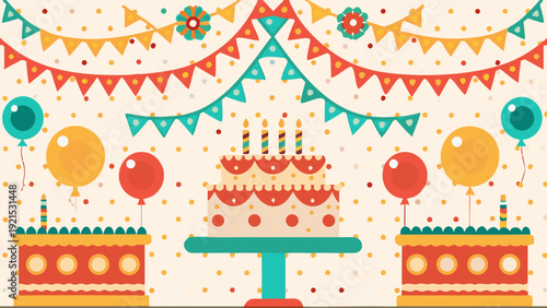 Colorful birthday celebration with decorated cake and balloons on festive background
