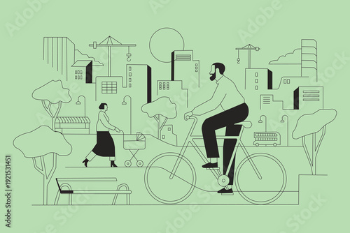 Urban lifestyle man cycling and woman with stroller