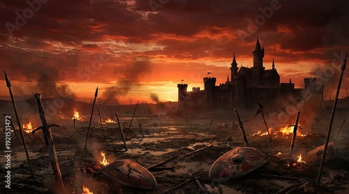Epic fantasy battle scene with castle sunset and chivalry art concept. A dramatic battlefield scene with a castle at sunset.