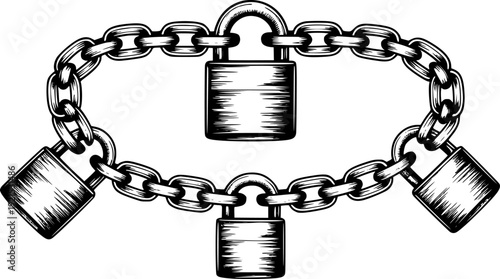 Vintage Style Black and White of Padlocks Connected by Heavy Chains security