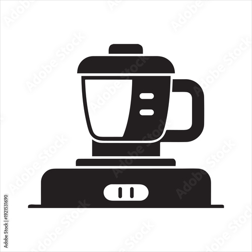 Minimalist black and white silhouette of a food processor on a white background, clean vector graphic for kitchen appliances.