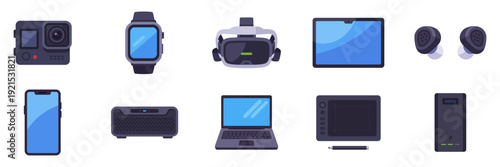 Set of gadget icons, mobile electronics and smart devices, colorful collection with vector flat illustrations
