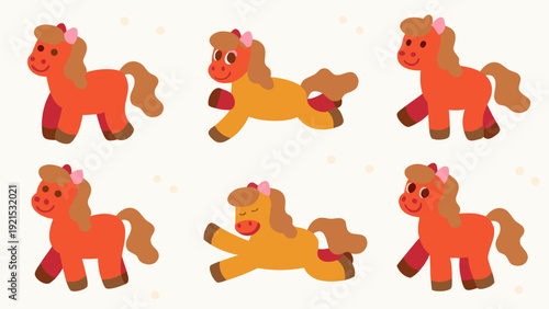 Cartoon pony illustrations jumping happily in various exaggerated poses on white background