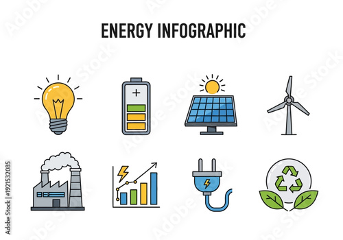 Collection of green energy and renewable power source icons for eco-friendly technology and sustainability