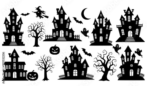 Halloween House Silhouettes Set with Witches and Spooky Symbols Black Vector Isolated on White