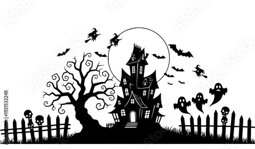 Black Halloween Silhouettes Set Haunted House Witches and Spooky Icons on White Background