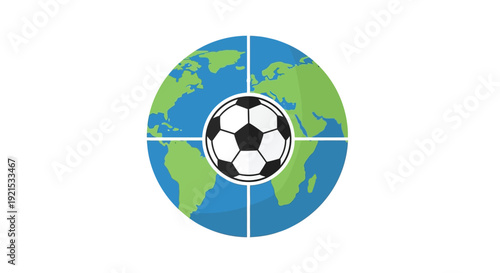 A graphic illustration of a classic black and white soccer ball centered on a stylized globe, representing global football and international sports.