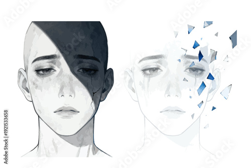 Emotional portrait illustration exploring depression and stress in women highlighting mental health struggles, vulnerability, and psychological healing journey.