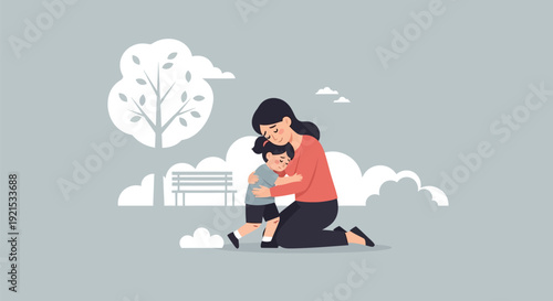 Mother kneeling to comfort and hug sad young daughter in a park