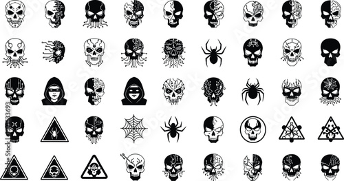 A diverse set of stylized black and white skull illustrations arranged in a grid pattern for graphic design and gothic themes