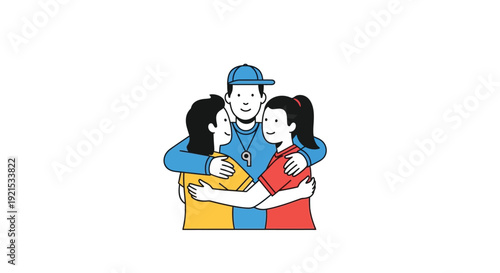 Graphic illustration of a coach or mentor hugging two young athletes or students, symbolizing support, teamwork, and positive relationships.
