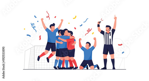 Soccer players and a referee celebrating a victory on the field with confetti falling around them after a successful match.