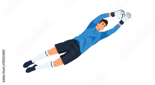 Male soccer goalkeeper in blue jersey and black shorts diving horizontally to save a ball during a game, isolated on white background.