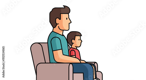 A man and a child sitting together on a couch, looking forward in a simple cartoon illustration.