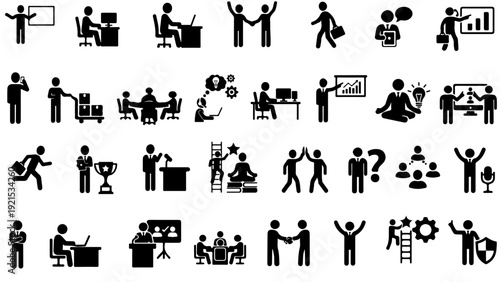 Silhouette business people office working various postures collection illustrating teamwork meetings presentations and corporate collaboration in professional workplace settings.