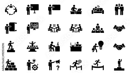 Silhouette business people office working various postures collection illustrating teamwork meetings presentations and corporate collaboration in professional workplace settings.