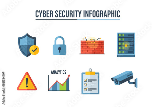 Cyber Security and Digital Protection Icons for Information Technology and Network Defense