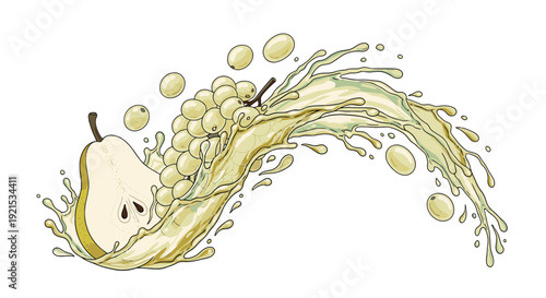 Fresh pear splashing juice surrounded by floating grapes and droplets in a vibrant illustration of fruit and liquid motion
