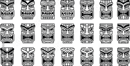 Tribal Tiki Mask Collection Polynesian Ethnic Symbols Vector Illustration Set