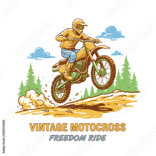 Motocross vintage artwork. Dirt bike jump design. Off road adventure graphic. Extreme sport illustration. Freedom ride t shirt print.