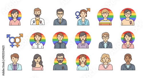 Diverse group of people with rainbow backgrounds representing LGBTQ community.