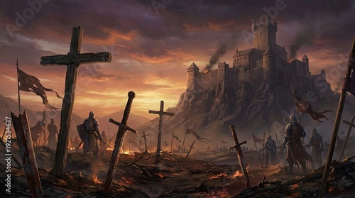 Epic fantasy battle scene with castle sunset and chivalry art concept. A dramatic scene of a medieval battlefield at sunset with crosses.