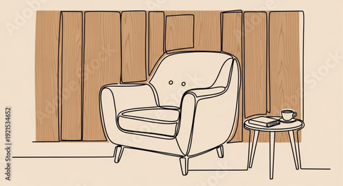 Cozy armchair with side table and book illustration.