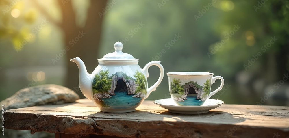 Fototapeta premium White teapot and cup sit on wood table. Outdoor scene shows calm water and rocky cave art on ceramic ware. Gentle sun light filters through green foliage above.
