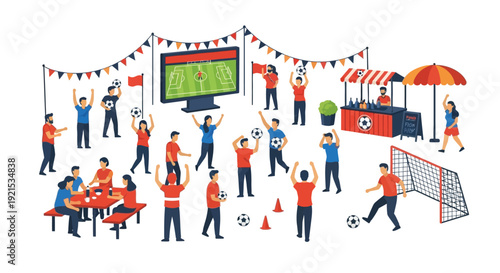 A vibrant outdoor gathering of fans watching a soccer match on a big screen, with food stalls, cheering crowds, and recreational play.