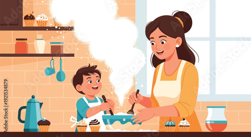 Happy mother and son baking cupcakes together in a kitchen