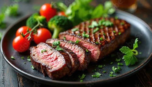 Juicy grilled steak with fresh cherry tomatoes and broccoli florets served on dark plate. Delicious meat dish garnished with parsley and herbs, healthy gourmet meal.