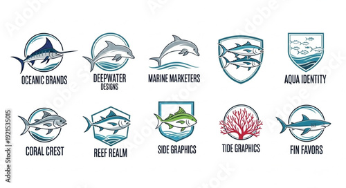 Collection of Marine Life and Ocean Themed Logos and Emblems.