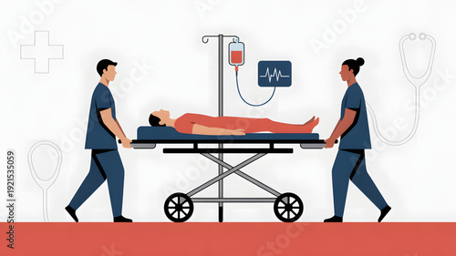 Medical staff moving patient on stretcher.