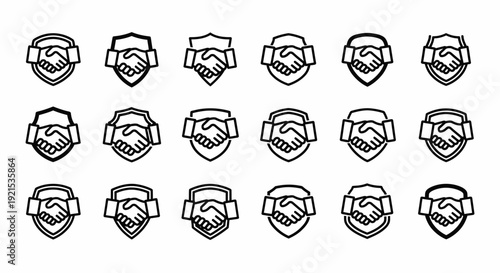 Handshake Shield Icons Set - Agreement, Trust, Partnership, Security