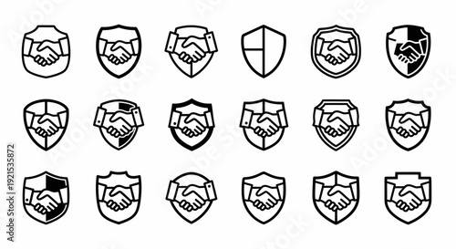 Handshake Shield Icons Collection: Security, Trust, Partnership, Agreement