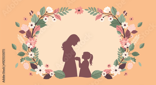 Silhouette of mother and daughter holding hands in floral frame