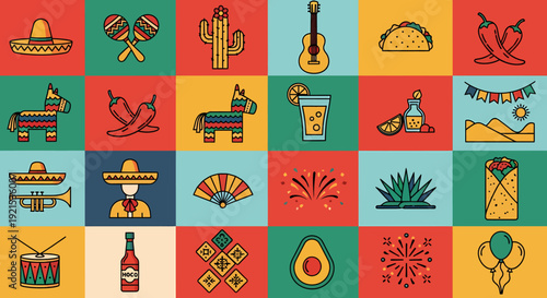 Mexican Fiesta Icons: Cinco de Mayo, Taco, Guitar, Sombrero, Cactus