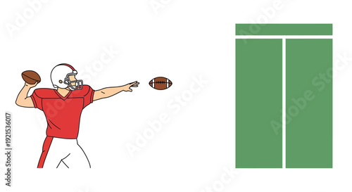 An illustration of a football player in a red jersey and white helmet throwing a football, with a simplified green football field section to the right.