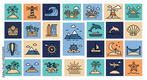 Ocean Sea Life Tropical Vacation Summer Holiday Icons Set