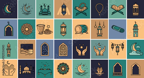 Ramadan Icons Collection: Moon, Mosque, Lanterns, Quran, Prayer Beads, Calendar