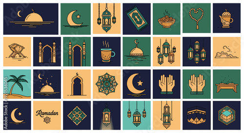 Ramadan Icons: Moon, Mosque, Lanterns, Quran, Dates, Prayer Hands