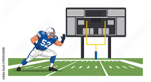 American football player in blue uniform on a green field with a scoreboard and goalpost in the background, ready for action.