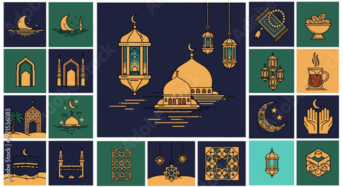 Ramadan Kareem Islamic Icons Collection: Mosques, Lanterns, Moon, Praying Hands